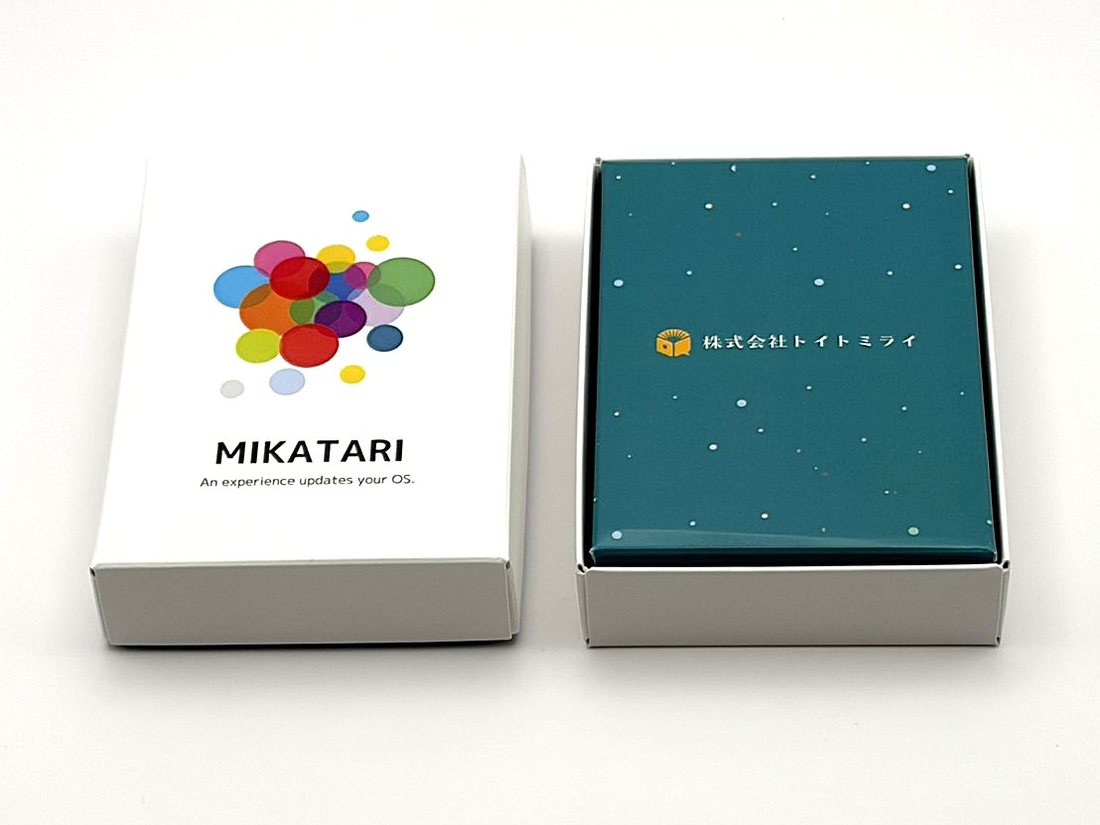 MIKATARIのパッケージ。ロゴが入った天面と、星が散ったティールカラーの底面